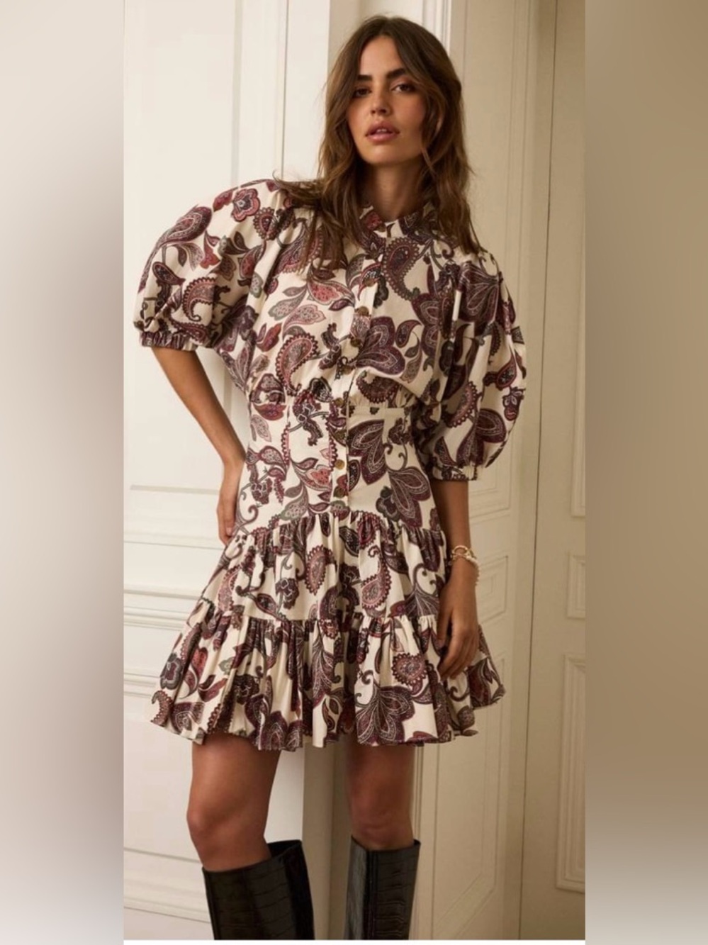 BCBG Paisley Puff-Sleeve Tiered Mini Dress in Cream and Burgundy